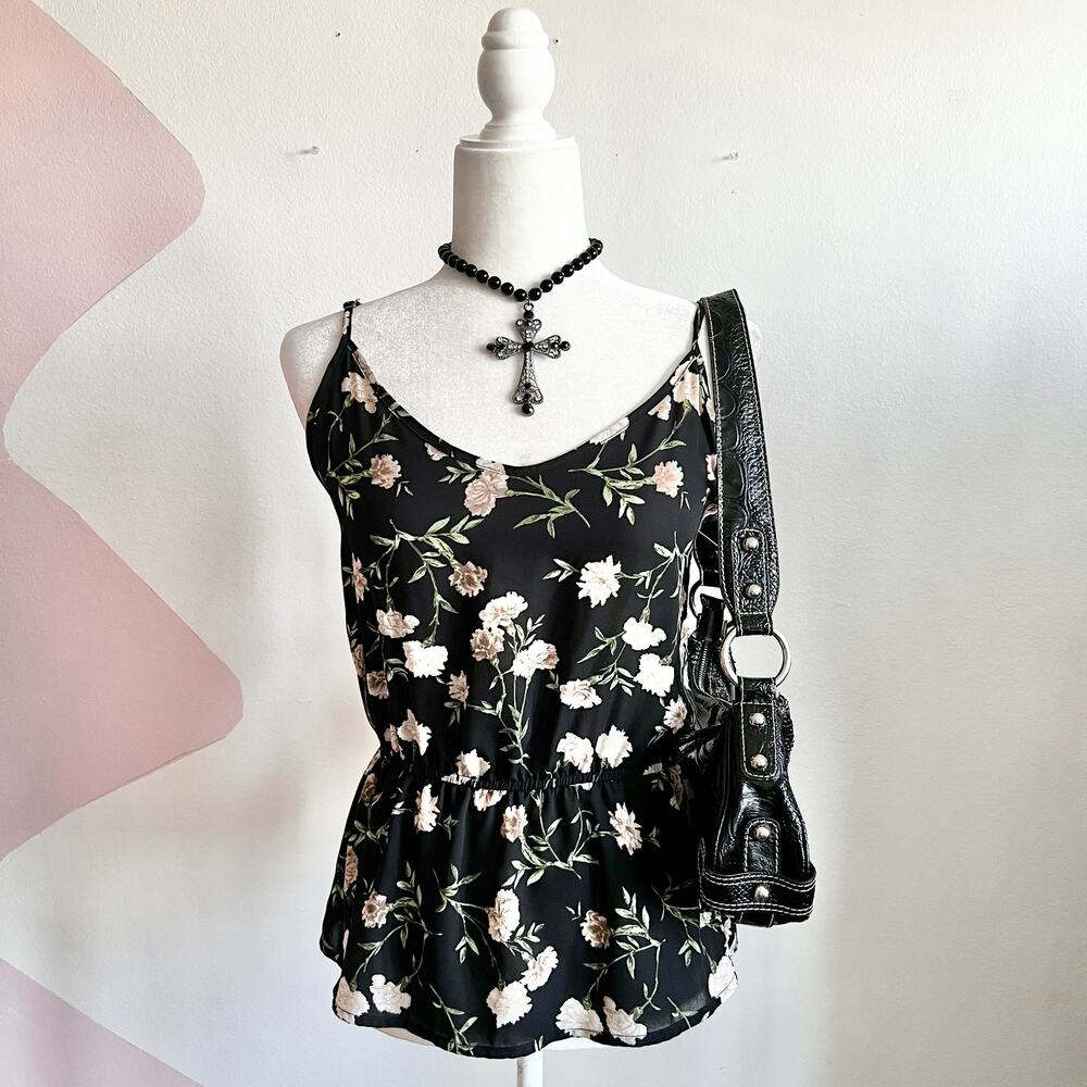 Black Sheer Floral Tank Top, Goth Whimsigoth Grunge Indie Sleaze Fairycore Small